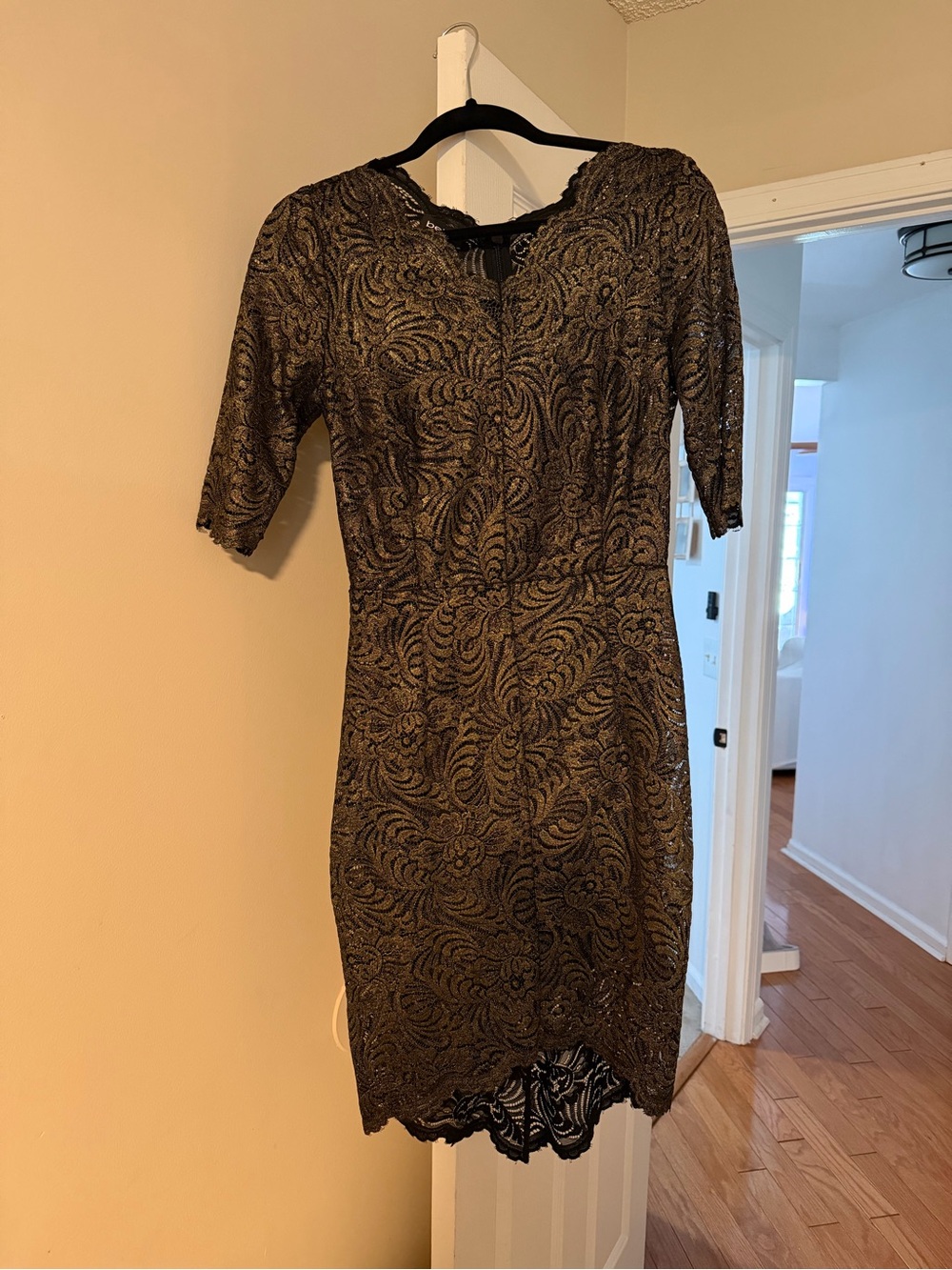 bebe Black and Gold Lace Midi Dress